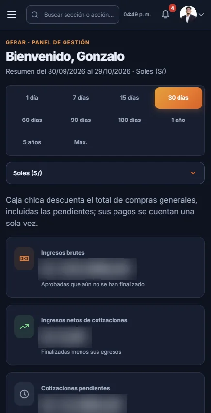 Panel en celular · montos ocultos