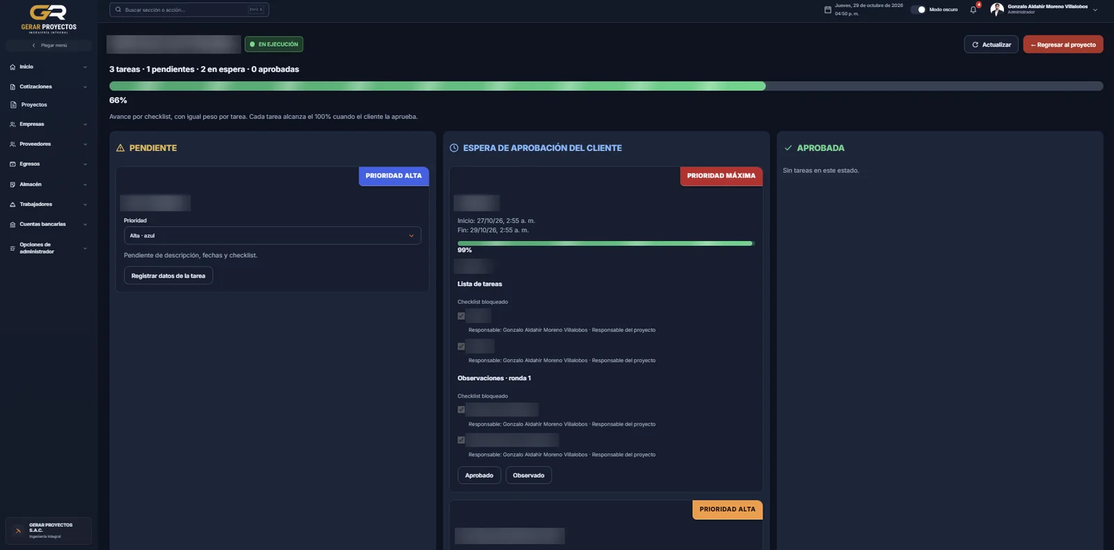 Tablero de tareas y revisión de entregas